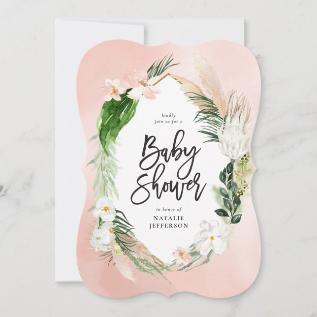 Reserva La Fecha Foliedad floral dorada tropical geométrica rosa gi (Anverso)