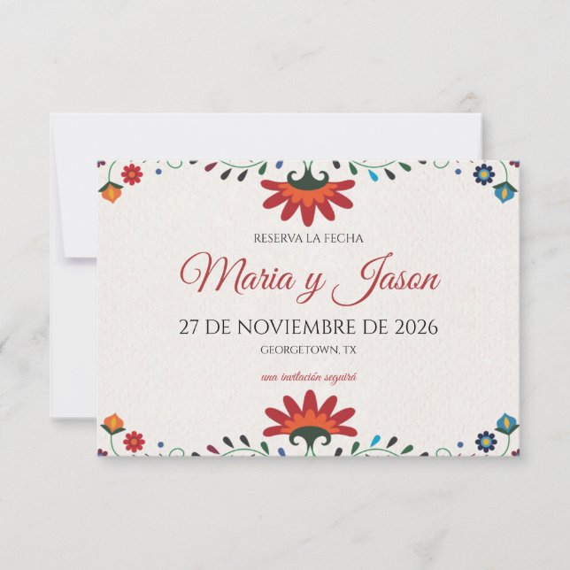 Reserva La Fecha Folk Art Floral Botanical Fiesta Spanish Wedding (Anverso)