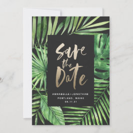 Reserva La Fecha Follaje de hojas de palmera tropicales y escritura