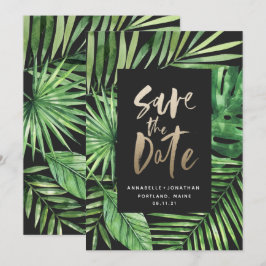 Reserva La Fecha Follaje de hojas de palmera tropicales y escritura