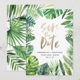 Reserva La Fecha Follaje de hojas de palmera tropicales y escritura