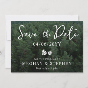 Reserva La Fecha Fondo de foto de bosque de pinos para boda