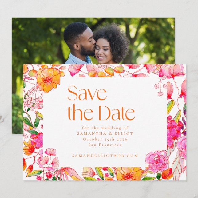 Reserva La Fecha Fondo para Foto de Boda con Flores Naranjas Rosada (Anverso / Reverso)