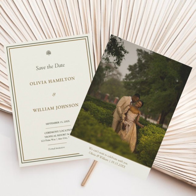 Reserva La Fecha Fondo verde marfil y dorado para foto de 5x7 (Classic ivory & gold save the date with timeless photo back—announce your day in style.)