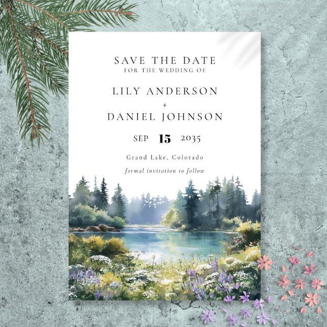 Reserva La Fecha Forest Lakeside Wildflowers Floral Wedding (Forest Lakeside Wildflowers Floral Wedding Save The Date)