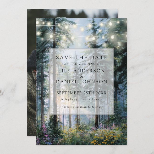 Reserva La Fecha Forest String Lights Floral Rustic Photo Wedding (Anverso / Reverso)