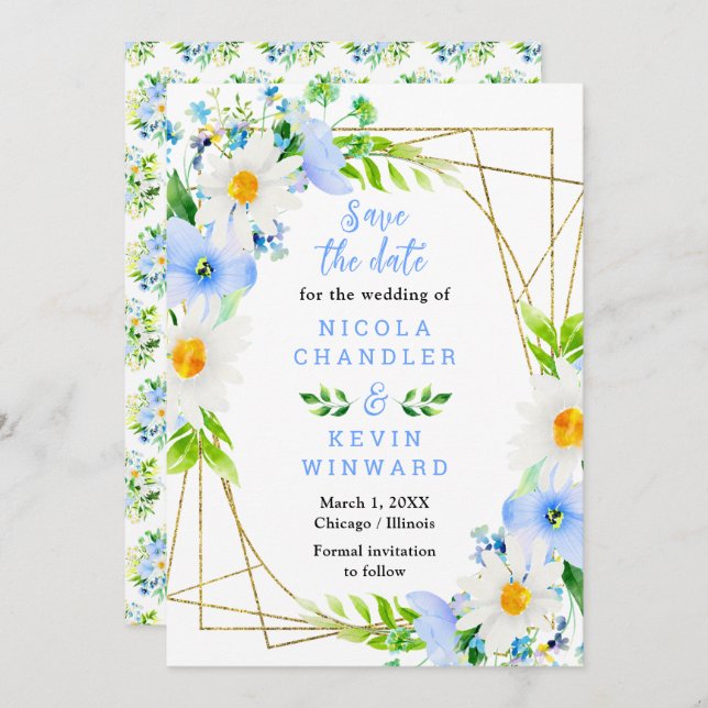 Reserva La Fecha Forget Me Nots and Daisies Wedding (Anverso / Reverso)