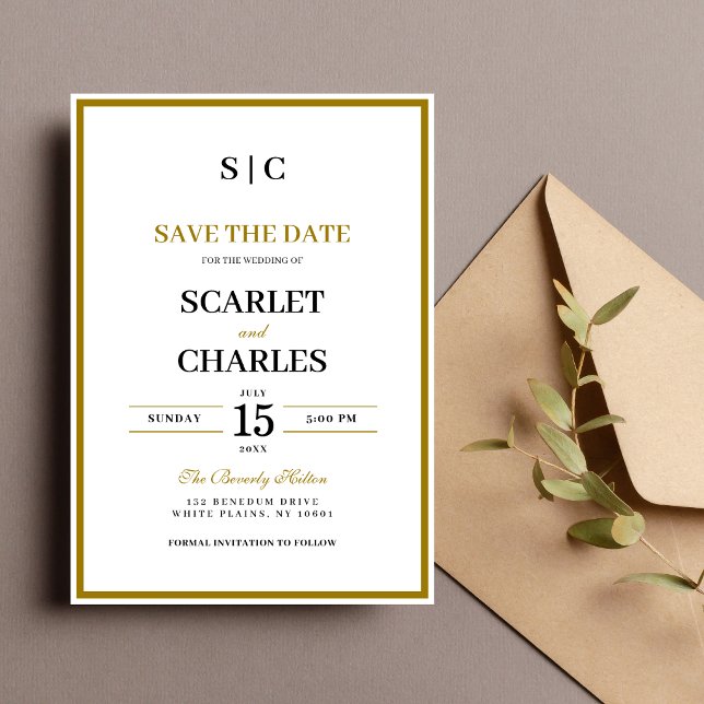 Reserva La Fecha Formal Classic Black Gold Monogram Wedding (Formal black and gold monogram save the date card sets a timeless tone for your wedding.)