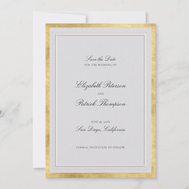 Reserva La Fecha Formal Modern Classic Elevated Gold Ivory Wedding (Anverso)