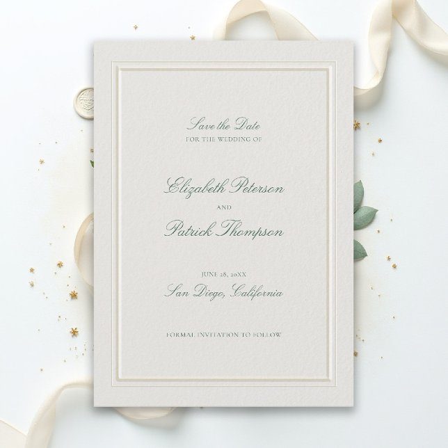 Reserva La Fecha Formal Modern Classic Elevated Green Ecru Wedding (modern classic wedding save the date forest green type double frame ecru formal traditional stately)