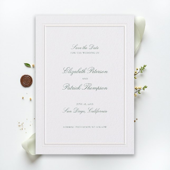 Reserva La Fecha Formal Modern Classic Elevated Green Pearl Wedding (modern classic wedding save the date forest green type double frame pearl formal traditional stately)