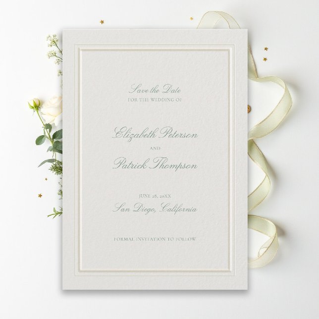 Reserva La Fecha Formal Modern Classic Elevated Sage Ecru Wedding (modern classic wedding save the date sage green type double frame formal traditional stately ecru)