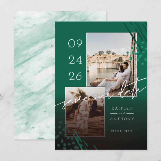 Reserva La Fecha Formas abstractas Marble esmeralda atrás y 2 fotos (Anverso / Reverso)