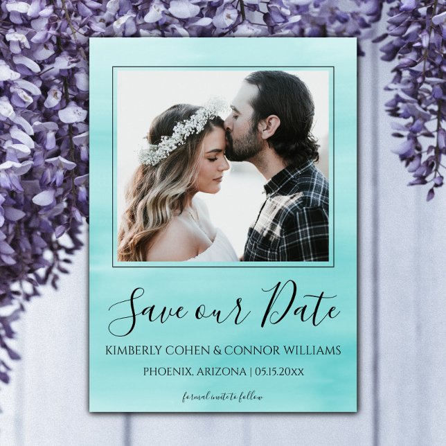 Reserva La Fecha Foto acuarela Guardar la fecha | VERDE AZULADO (Teal Watercolor Photo Save the Date)