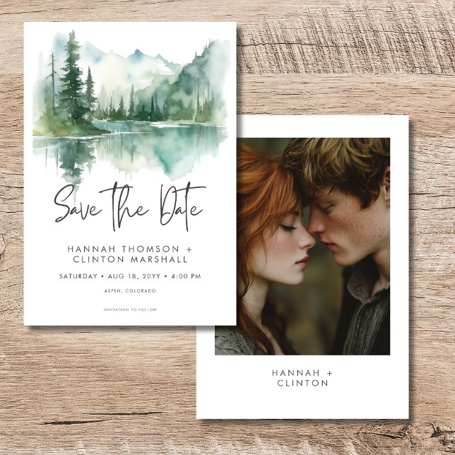 Reserva La Fecha Foto acuática de la escena del lago de montaña rus (Rustic Mountain Lake Scene Watercolor Photo Save The Date)