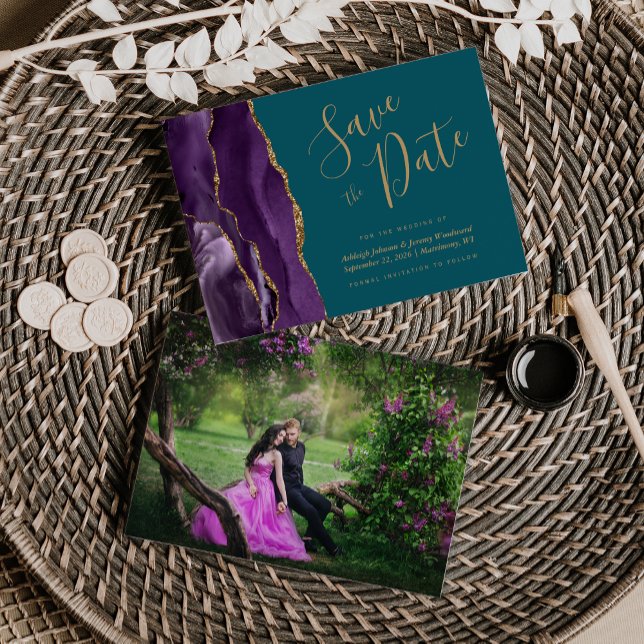 Reserva La Fecha Foto Agate Purple Gold Verde azulada Save the Date (Subido por el creador)