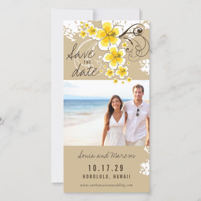 Reserva La Fecha Foto Amarilla Hibiscus Beach Wedding Save The Date (Anverso)
