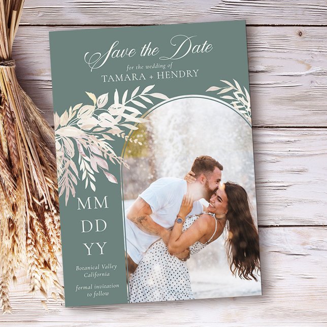 Reserva La Fecha Foto Arch Foliage Botánico Sage Green (Arch photo save the date in Sage Green, from my Foliage Duet collection)