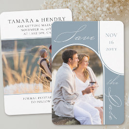 Reserva La Fecha Foto Arco Moderno Elegante caligrafía Dusty Azul