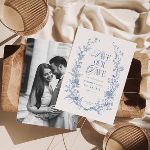 Reserva La Fecha Foto azul con flores azules de Victoria