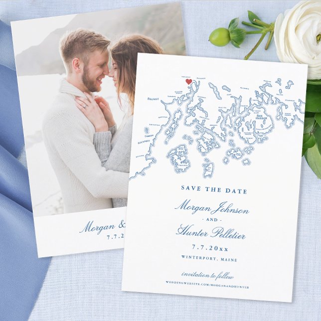 Reserva La Fecha Foto azul de la Marina de Guerra del Mapa de Maine (Winterport Maine Wedding Save the Date with Photo in elegant navy blue from Coastal Map Designs)