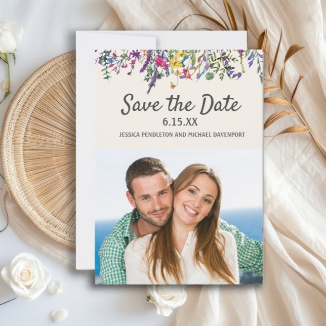 Reserva La Fecha Foto boda acuarela Flores salvajes Crema blanca (Watercolor wildflowers wedding engagement photo Save the Date card)