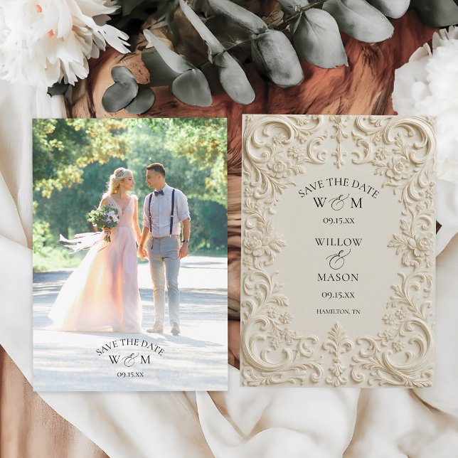 Reserva La Fecha Foto Boda Barroca Elegante (Photo Elegant Baroque Wedding Save The Date Front and Back)