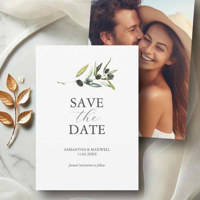 Reserva La Fecha Foto Boda De Olive Theme Save The Date (Photo save the date invitations simple watercolor olive branch by Victoria Grigaliunas)