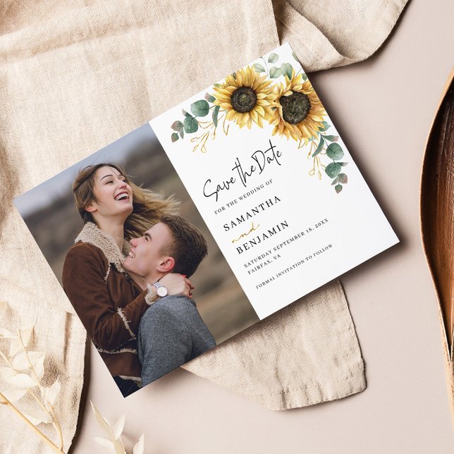 Reserva La Fecha Foto Boda de Sunflower Eucalyptus (Floral Sunflower Eucalyptus Wedding Save the Date Announcement)