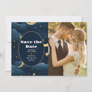 Reserva La Fecha Foto Boda Estrellas Luna Azul Celeste Medianoche