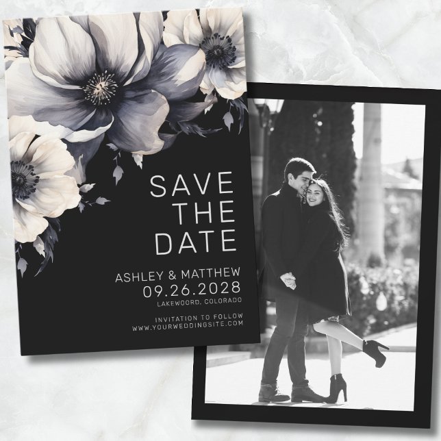 Reserva La Fecha Foto Boda Floral Negra (Photo Chic Modern Elegant Black Floral Wedding Save The Date)