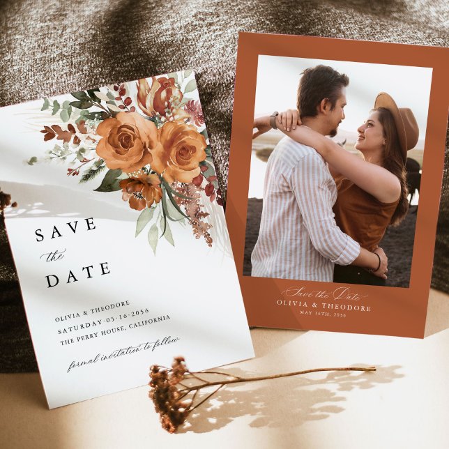 Reserva La Fecha Foto Boda Floral Rosa Boho Terracota (Terracotta boho save the date wedding card with pampas florals and photo back. rose watercolor)