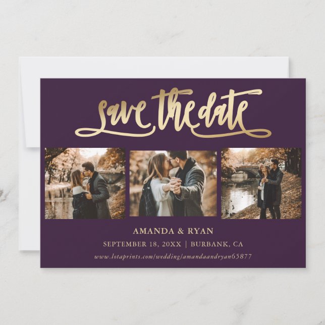 Reserva La Fecha Foto Boda Purple and Gold Save the Date (Anverso)