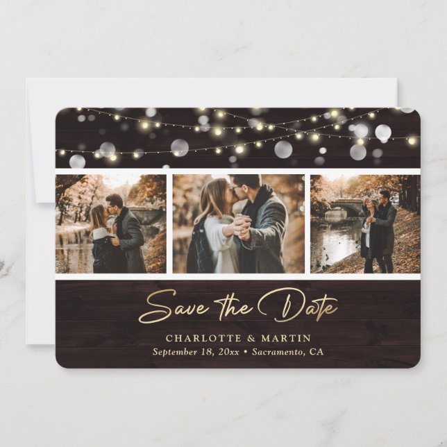 Reserva La Fecha Foto Boda Rustic Wood Lights Save the Date (Anverso)
