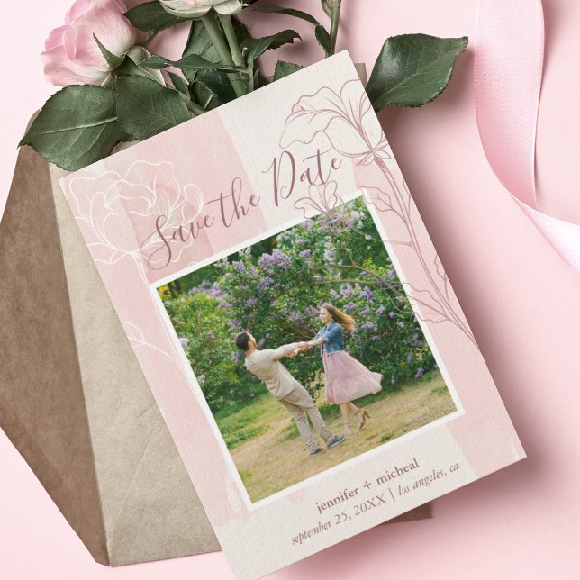 Reserva La Fecha Foto Botánica Rosa Polvorienta (Elegant Blush pink watercolor background with floral outline design Save the Date with photo.)