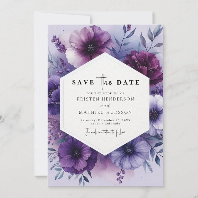 Reserva La Fecha Foto caprichosa Boda morado floral (Anverso)