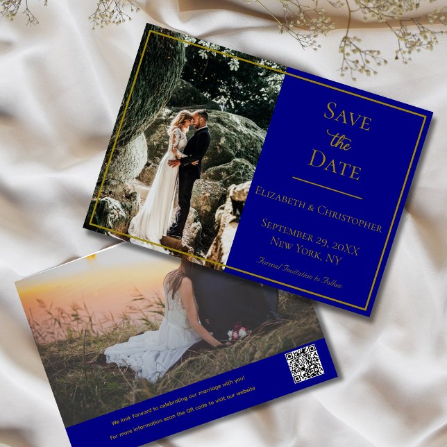 Reserva La Fecha Foto Código QR Marina Boda elegante dorada azul (Photo QR Code Navy Blue and Gold Wedding Save the Date. Elegant Formal Traditional Classic)