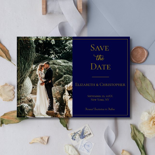 Reserva La Fecha Foto Código QR Marina Boda elegante dorada azul (Photo QR code Navy Blue Gold Wedding Save the date Card)