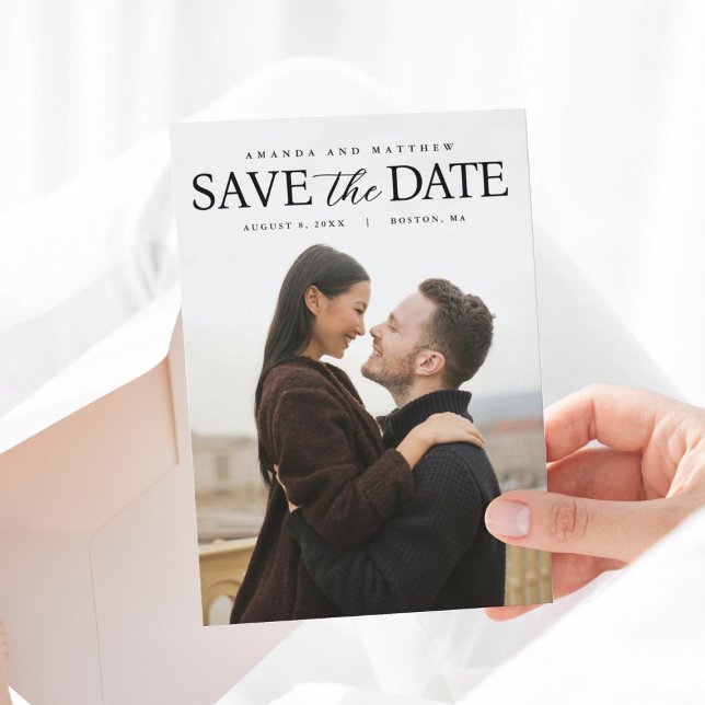 Reserva La Fecha Foto completa moderna Guardar la fecha (Full Photo Modern Save the Date with plaid back design with monogram and information on back.)