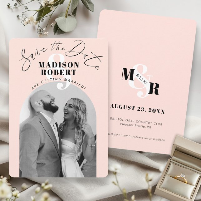 Reserva La Fecha Foto de Archivo de Boda en Blanco y Negro con Ampe (Unique Blush pink ampersand monogram black and white arch photo modern wedding save the date card)