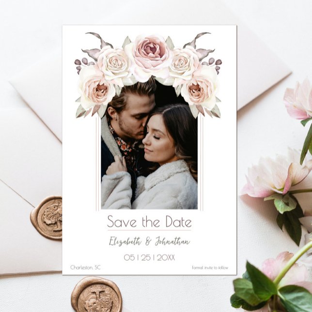 Reserva La Fecha Foto de arco Rosa bohemio (Bohemian Rose Arch Photo Save the Date)