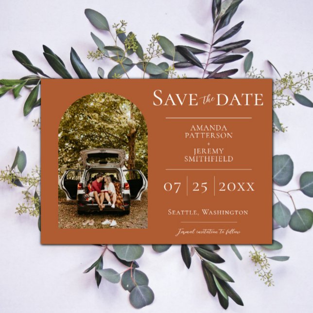 Reserva La Fecha Foto de Arco Simple | Naranja Quemado (Burnt Orange Simple Arch Photo Save the Date)