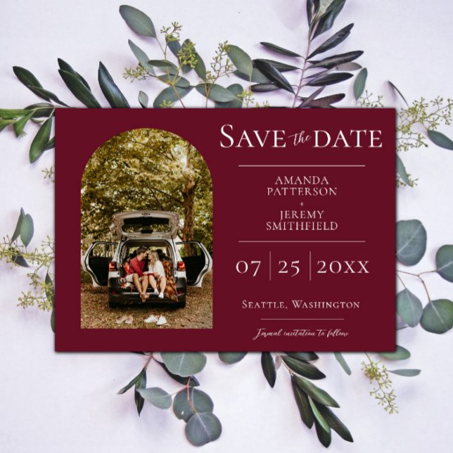 Reserva La Fecha Foto de Arco Simple | Save the Date Vino Rojo (Wine Red Simple Arch Photo Save the Date)