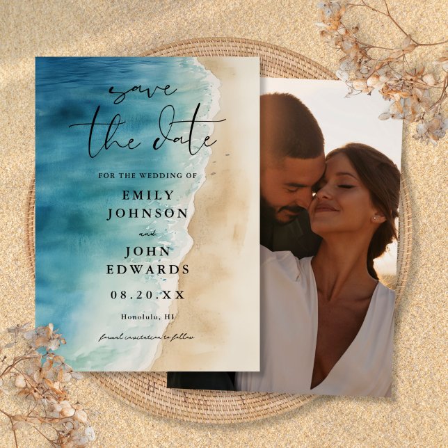 Reserva La Fecha Foto de arena de playa de océano azul acuarela Bod (Watercolor Blue Ocean Beach Sand Photo Wedding Save The Date)