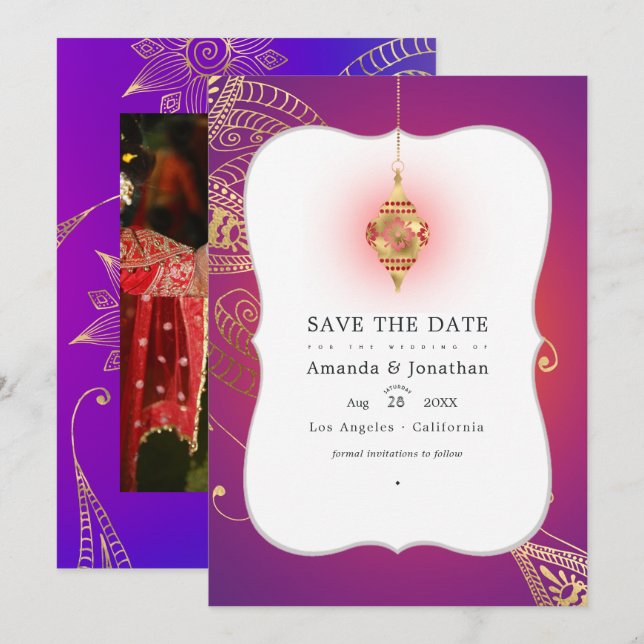 Reserva La Fecha Foto de boda árabe de Bollywood con papel de oro (Anverso / Reverso)