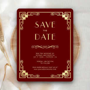 Reserva La Fecha Foto de boda Art Déco vintage rojo dorado