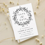 Reserva La Fecha Foto de boda boho moderna en blanco y negro de flo<br><div class="desc">Esta elegante tarjeta de guardar la fecha de la boda cuenta con una corona de flores silvestres con la silueta de tu foto en el reverso. ¡Para una personalización más avanzada de este diseño,  haga clic en el BOTÓN DE HERRAMIENTA DE DISEÑO AZUL de arriba!</div>