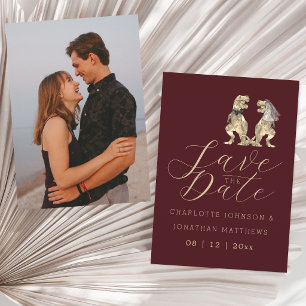 Reserva La Fecha Foto de Boda Burgundy con Tema de Dinosaurios