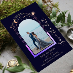 Reserva La Fecha Foto de boda celestial azul marino arcoíris