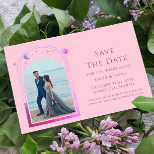 Reserva La Fecha Foto de boda celestial rosa púrpura mística